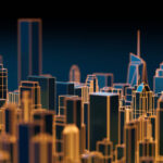 High tech city skyline hologram. 3D rendering.